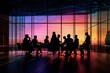 Silhouettes of people in a meeting room with a colorful window behind them Generative AI