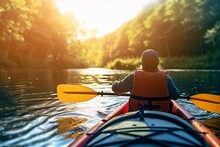 A Person In A Kayak Is Paddling Through A River. Generative AI