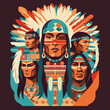 Indigenous people on abstract multicolored background. Indigenous people wearing headdress. Indigenous people face paint