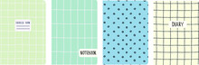 Set Of Cover Page Templates Based On Grid Seamless Patterns, Spiral Lines, Polka Dot Pattern. Plaid Backgrounds For School Notebooks, Diaries. Headers Isolated And Replaceable
