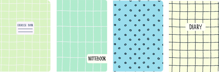 Set of cover page templates based on grid seamless patterns, spiral lines, polka dot pattern. Plaid backgrounds for school notebooks, diaries. Headers isolated and replaceable