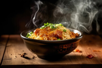 noodles with steam and smoke in bowl on wooden background, selective focus. asian meal on a table, j