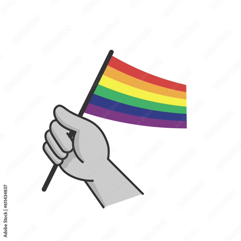 Hand holding lgbt rainbow flag. Cartoon arm doodle holding Pride symbol ...