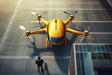 A Man And A Boy Are Looking At A Drone That Is Flying Over A Building Air Taxi Generative AI