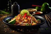Thai Traditional Food, Pad Thai, Dry Noodle, Street Food, Best Delicious, Dark Food Photography, Generative AI
