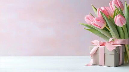 a pink tulip flowers bouquet and a gift box with a ribbon. mother's day celebration concept.