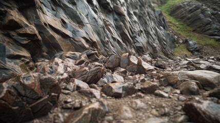  a rocky area with rocks and grass on the side of it.  generative ai