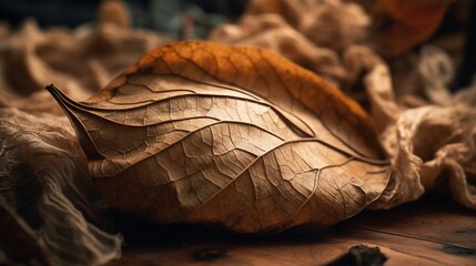  a dried leaf laying on a wooden surface with other leaves.  generative ai