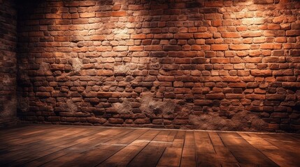 Poster -  a room with a brick wall and wooden floor and a wooden floor.  generative ai