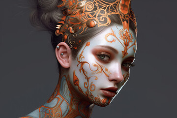 Wall Mural - Colorful artistic portrait of a young beautiful steampunk woman with makeup, face art and tattoo on gray background, AI Generated