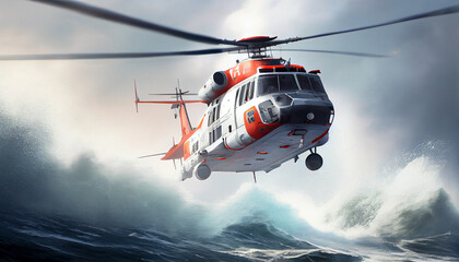 Wall Mural - lifeguard descend from helicopter on ship at blue sea Generative AI