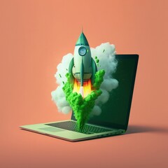 Wall Mural - rocket coming out of laptop screen, innovation and creativity concept, background. generative ai