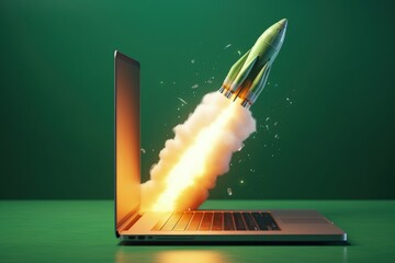 Wall Mural - rocket coming out of laptop screen, innovation and creativity concept, background. generative ai