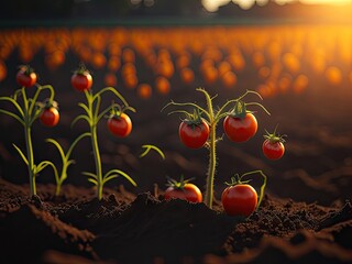 Wall Mural - Closeup of ripe tomatoes growing on soil in the fild. ai generative