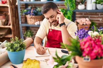 Wall Mural - Young hispanic man florist talking on smartphone writing on notebook at florist