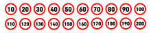 10 To 200 Kmh Or Mph Car Speed Limit Sign Set. Maximum Speed Roadway Signboard.