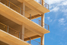 Close Up Of Structural Components Of An Engineered Timber Multi Story Green, Sustainable Residential High Rise Apartment Building Construction Project