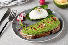 Healthy Breakfast - Sandwich With Avocado And Sesame, Radish And Poached Egg On A Plate