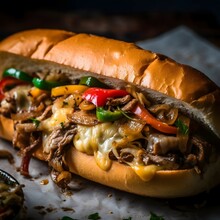 Macrophotography Of A Philly Cheesesteak Sandwich