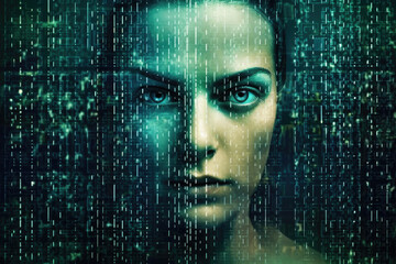 Wall Mural - female face against binary code. human looking at camera from matrix digital signs and numbers. arti
