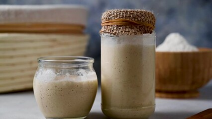 Wall Mural - Sourdough starter in jars. Healthy wild fresh homemade yeast for sourdough bread baking.