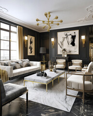Art deco style interior design of modern living room with black wall and golden decor pieces. Created with generative AI