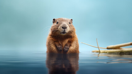 Advertising portrait, banner, serious beaver standing in the water looking to the camera isolated