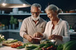 © Masson - elderly couple gracefully engages in the joy of cooking as they prepare a delicious dinner together in their warm and inviting kitchen, created with Generative AI Technology