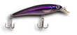 Fishiing lure with two treble hooks that is purple and shadow behind