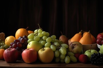 Canvas Print - Still life with fresh fruits on wooden table against dark background, space for text, Fresh fruits and vegetables are on the table, AI Generated