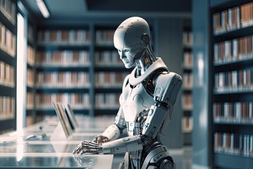 Wall Mural - 3d rendering humanoid robot working in library with bookshelf on background, Futuristic AI robot librarian in a library, AI Generated