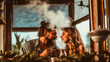Hippie style couple smoking marijuana using a bong. Generative AI.