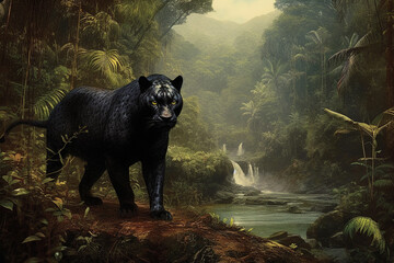 Illustration of Malaysian black panther or melanistic leopard in the jungle Generative Ai