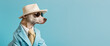© Lubo Ivanko - Cool looking dog wearing funky fashion dress - jacket, tie, glasses. Wide banner with space for text right side. Stylish animal posing as supermodel. Generative AI