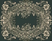 A Green Frame With Floral Designs, In The Style Of Futuristic Victorian, Elegant Use Of Negative Space, Feminine Sticker Art, Engraved Ornaments, артур скижали-вейс, Baroque Realism, Dark Beige And Gr