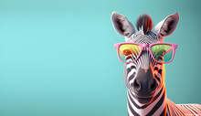 Creative Animal Concept. Zebra In Sunglass Shade Glasses Isolated On Solid Pastel Background, Commercial, Editorial Advertisement, Surreal Surrealism.