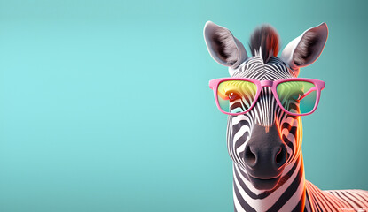 creative animal concept. zebra in sunglass shade glasses isolated on solid pastel background, commer