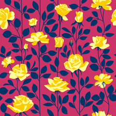 Wall Mural - Seamless pattern with beautiful garden flowers and leaves on dark crimson background. Handmade drawing vector illustration.