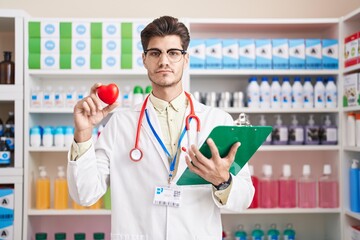 Canvas Print - Young hispanic man working at pharmacy drugstore holding heart relaxed with serious expression on face. simple and natural looking at the camera.