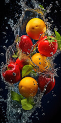  Variety of Fruits falling into the water with splashing