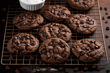 Chocolate cookies with chocolate chips and salt, generative AI