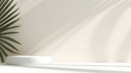 Wall Mural - blank minimal white counter podium, soft beautiful dappled sunlight, tropical palm foliage leaf shad