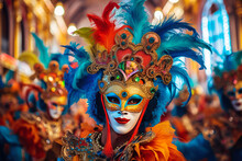 Woman In A Painted Colorful Carnival Mask Generative Ai