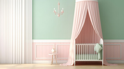 Blank pastel green, white wainscot on pink wall, baby crib cot with sheer fabric canopy in sunlight from turquoise curtain drape window for children interior design, product display background