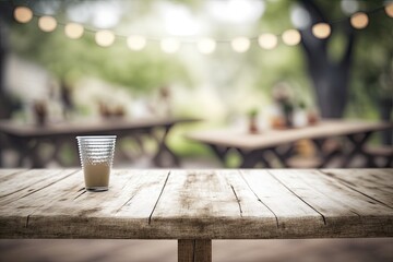 An empty wooden table with a hazy party in the backdrop, having a fun / spring theme. Generative AI