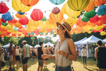 People on summer festival street with hanging balloons, created with Generative AI Technology