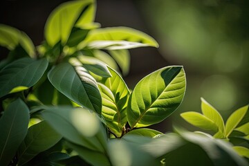 Sticker - Green leaves in a garden in the summertime. Plants with natural green leaves are utilized as the spring front page background. Wallpaper with plants, the outdoors, and ecology. Generative AI