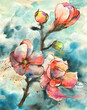 Watercolor fashionable floral print, botanical illustration with the image of a magnolia.