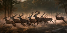 A Herd Of Deer Run And Leap, Stirring Up A Cloud Of Dust - Generative Ai.