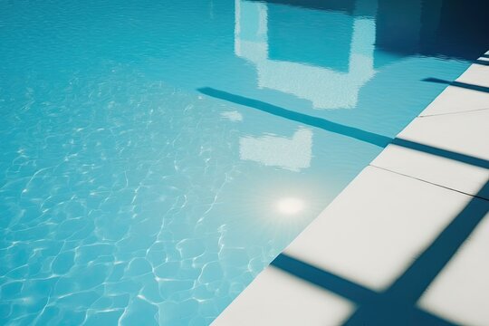 Beautiful swimming pool side view with crystal-clear blue water and shadow-wave reflections of the sun. Background with a minimal look for a summer vacation. Generative AI